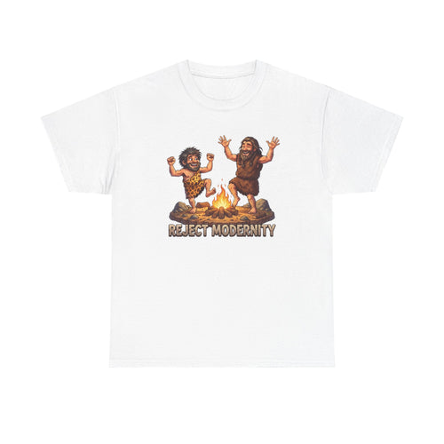Caveman Dance T-Shirt — "Reject Modernity" Retro Prehistoric Graphic Tee